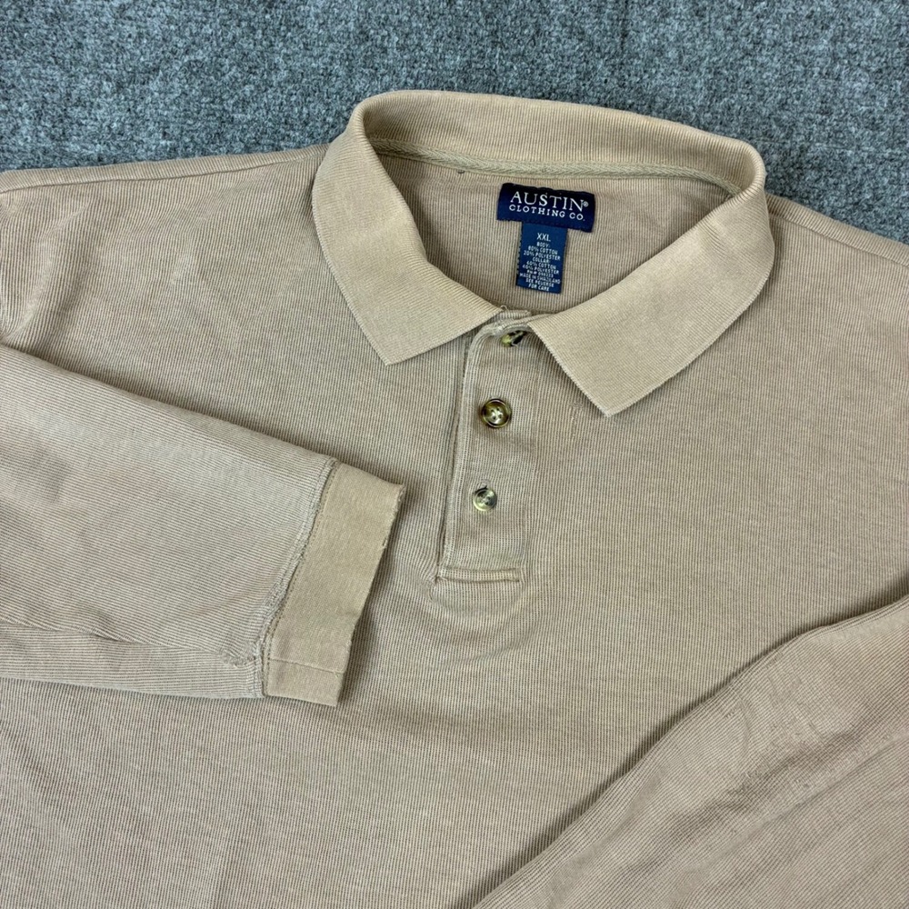 Austin Clothing Co Mens XXL Tan Ribbed Long Sleeve Polo Shirt Cotton Blend Khaki